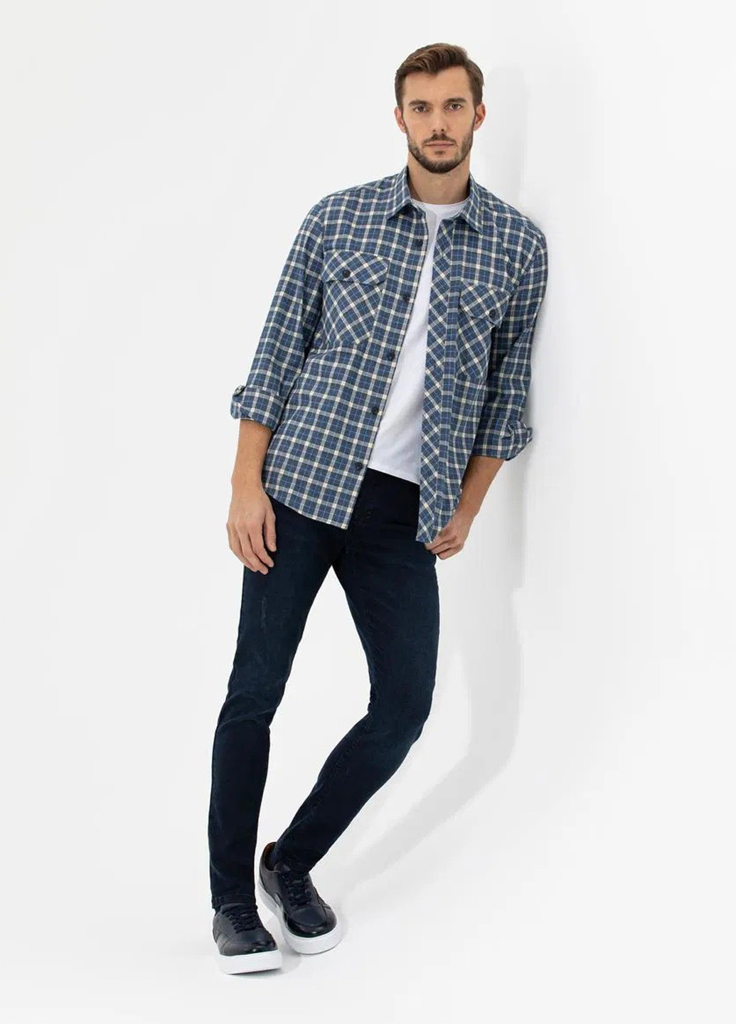 Индиго кэжуал рубашка в клетку Pierre Cardin