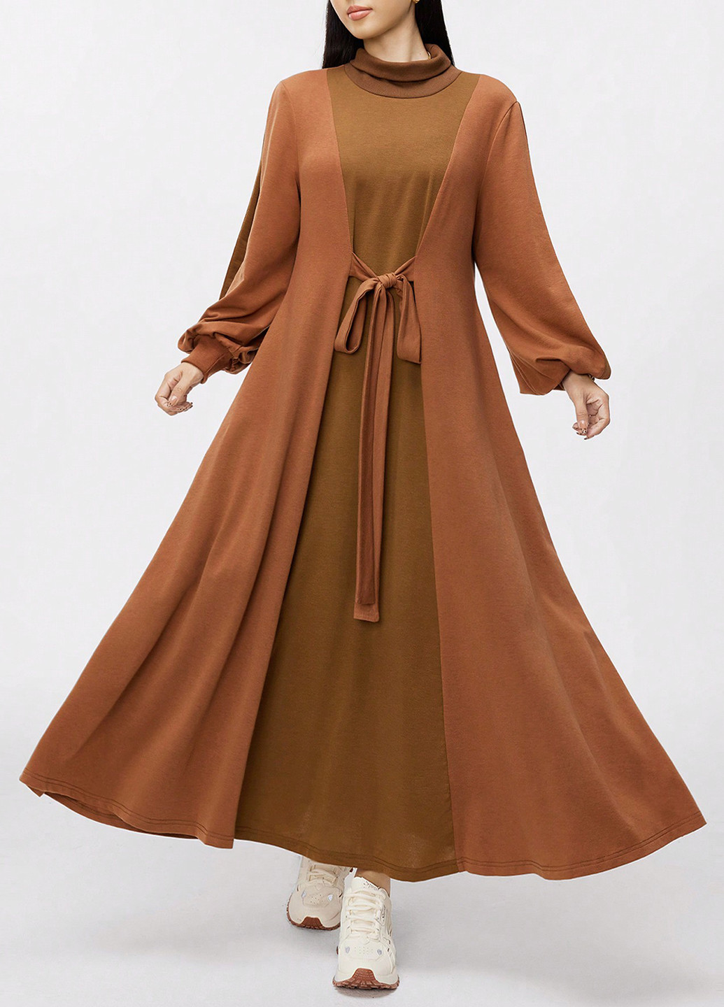 Коричневое кэжуал платье а-силуэт SHEIN колор блок