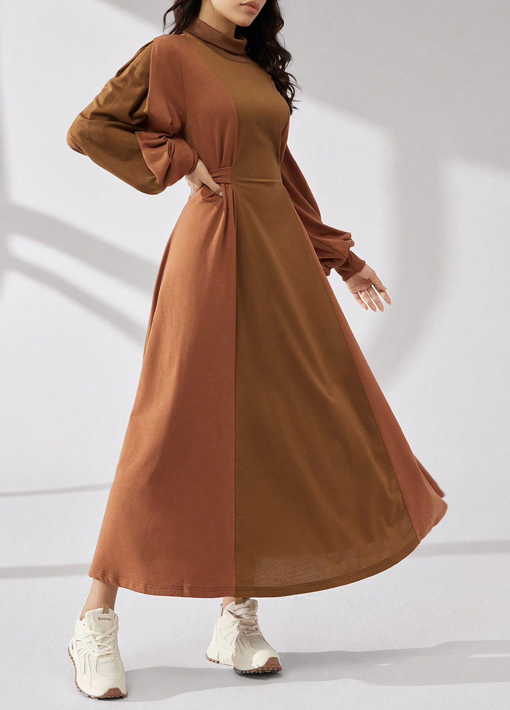 Коричневое кэжуал платье а-силуэт SHEIN колор блок