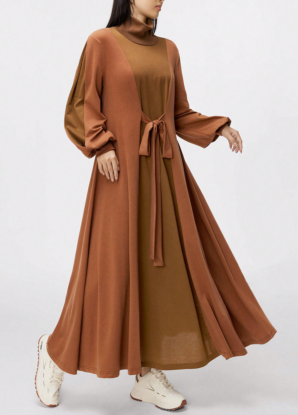 Коричневое кэжуал платье а-силуэт SHEIN колор блок