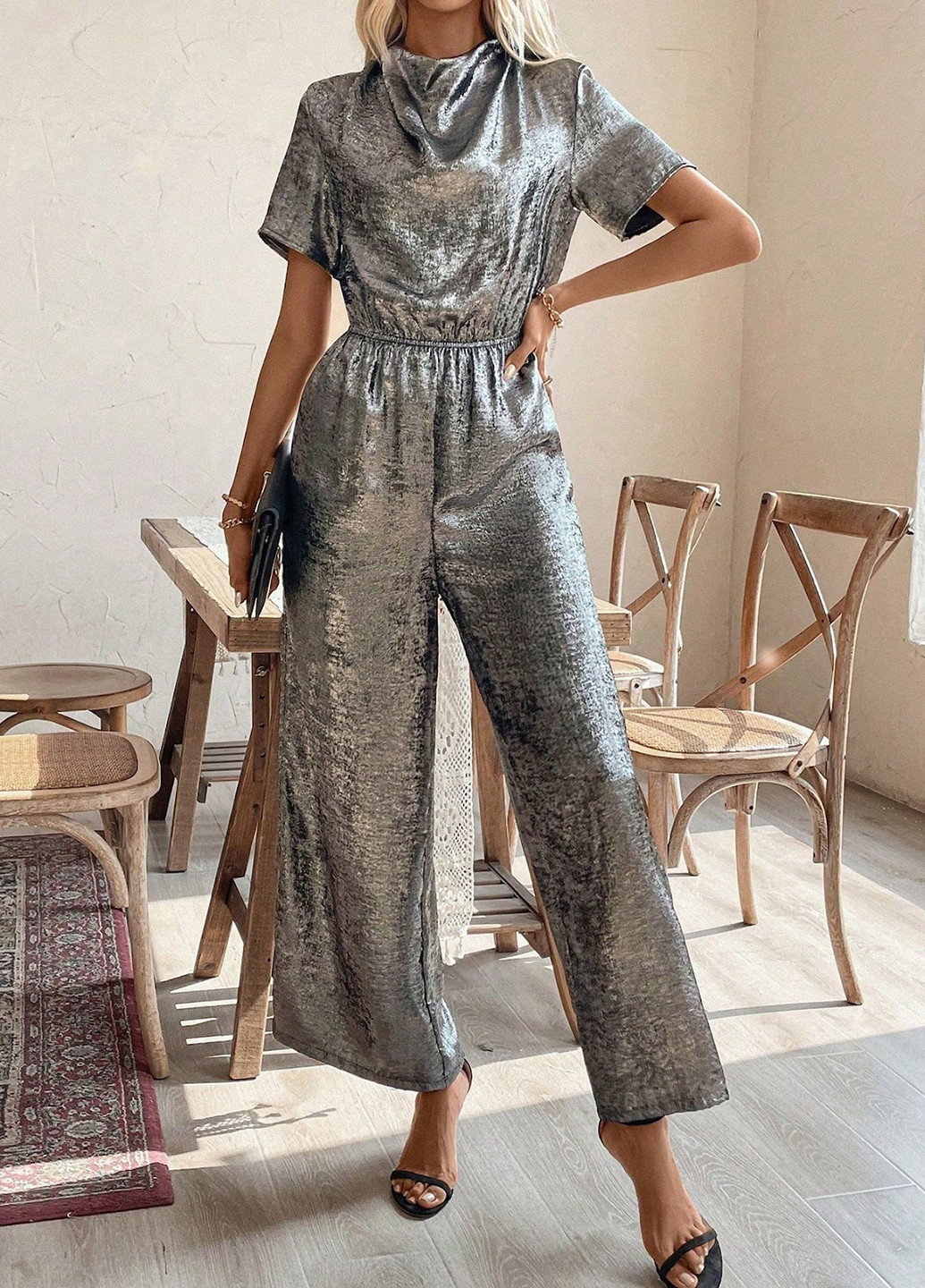 Комбинезон SHEIN комбинезон-брюки однотонный серебряный вечерний полиэстер