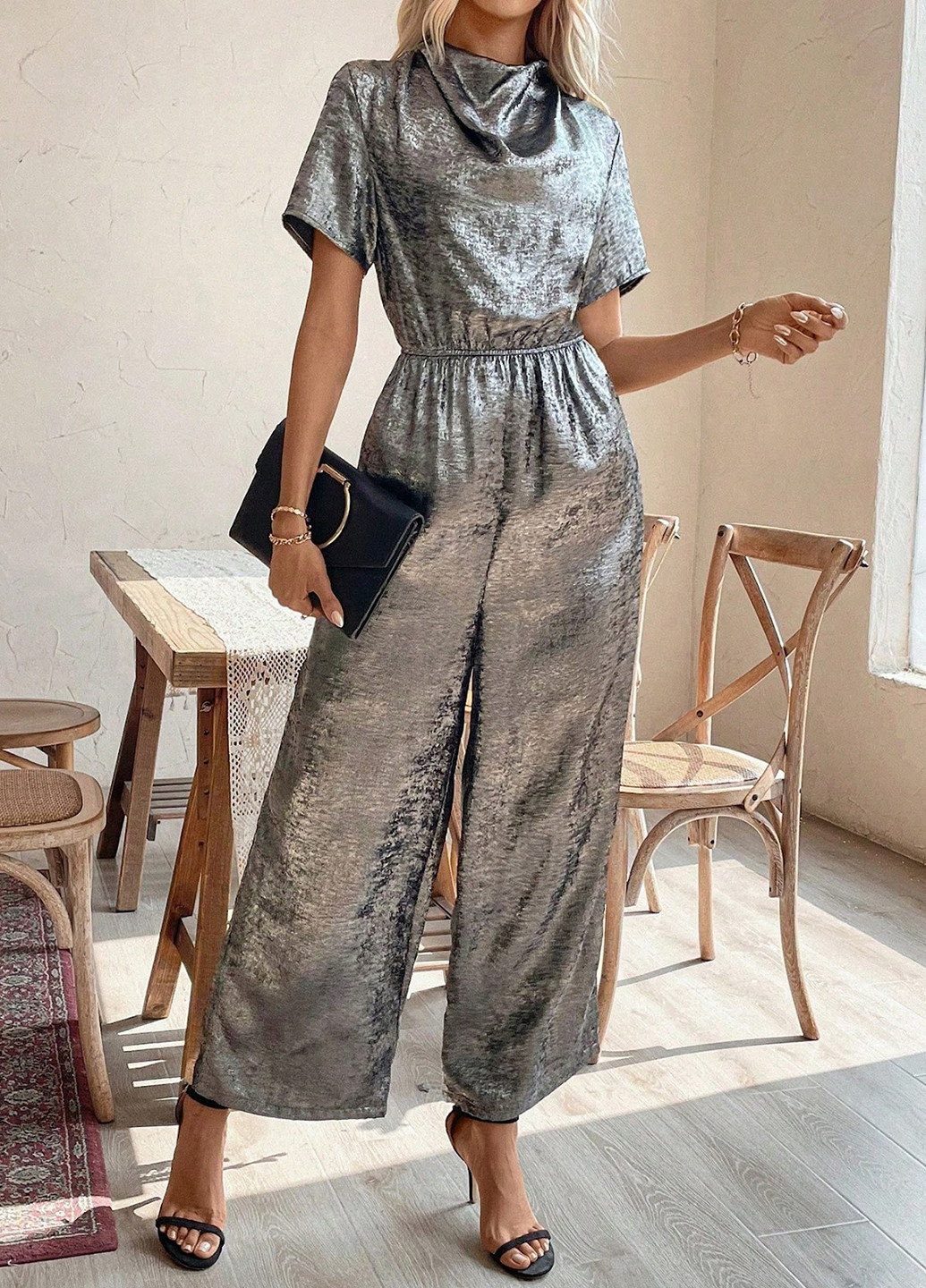 Комбинезон SHEIN комбинезон-брюки однотонный серебряный вечерний полиэстер