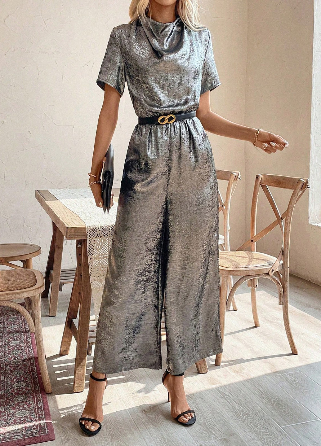 Комбинезон SHEIN комбинезон-брюки однотонный серебряный вечерний полиэстер