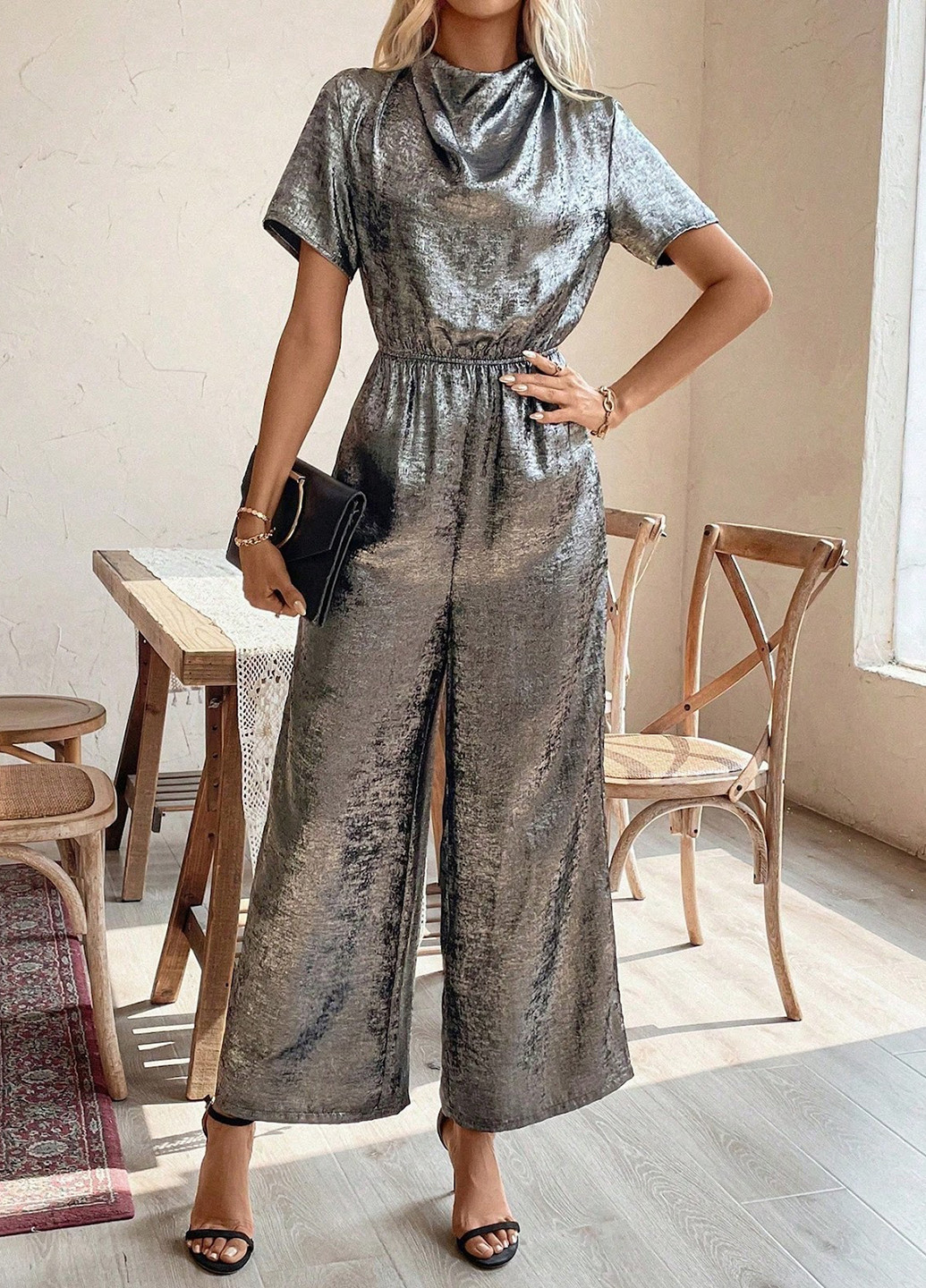 Комбинезон SHEIN комбинезон-брюки однотонный серебряный вечерний полиэстер