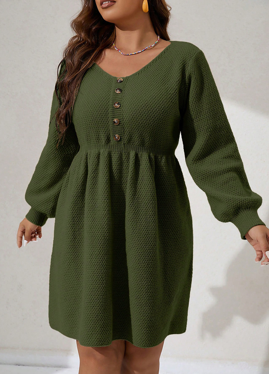 Оливковое (хаки) кэжуал платье клеш, платье-свитер SHEIN однотонное