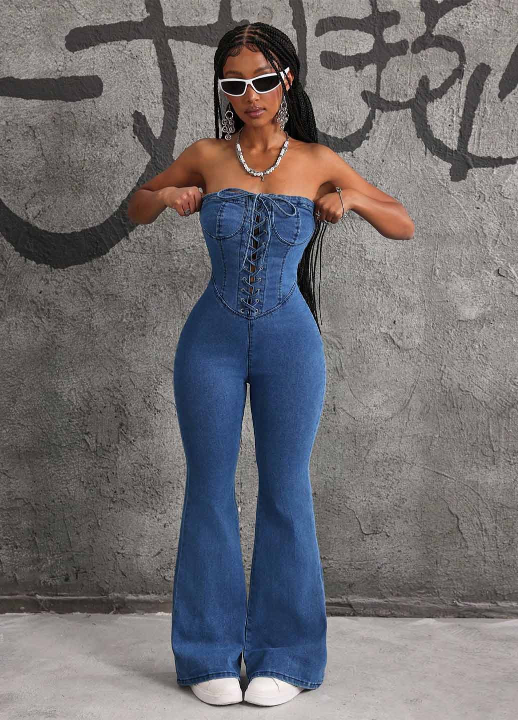 Комбінезон SHEIN комбінезон-брюки однотонний темно-синій джинсовий, кежуал бавовна