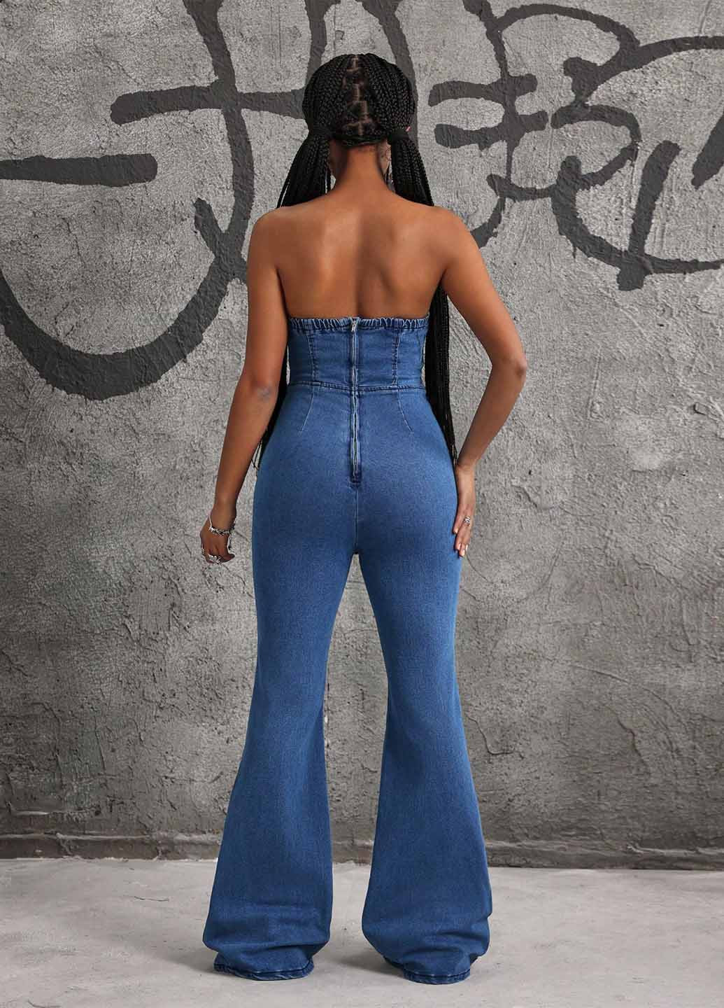 Комбінезон SHEIN комбінезон-брюки однотонний темно-синій джинсовий, кежуал бавовна