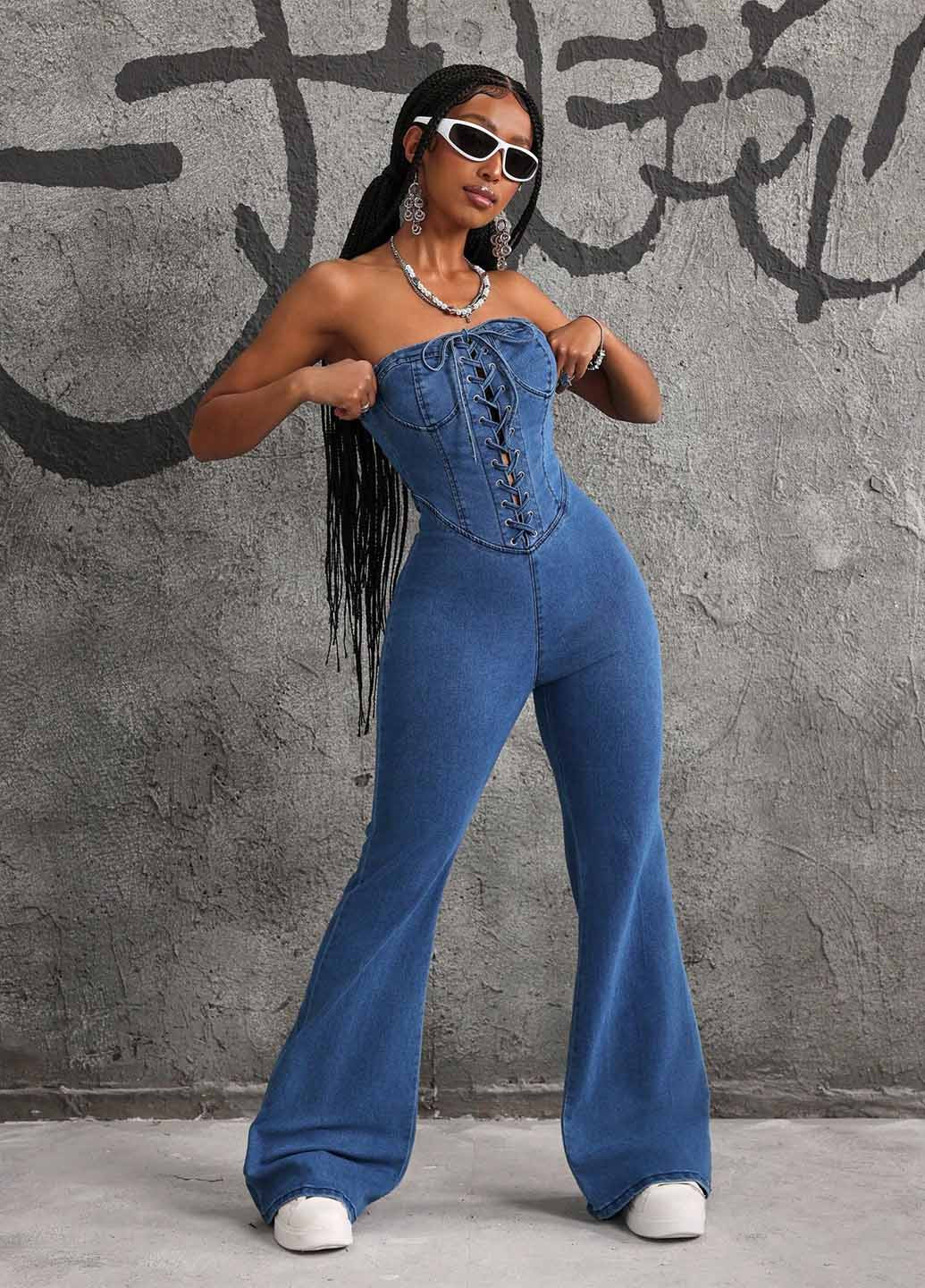 Комбінезон SHEIN комбінезон-брюки однотонний темно-синій джинсовий, кежуал бавовна