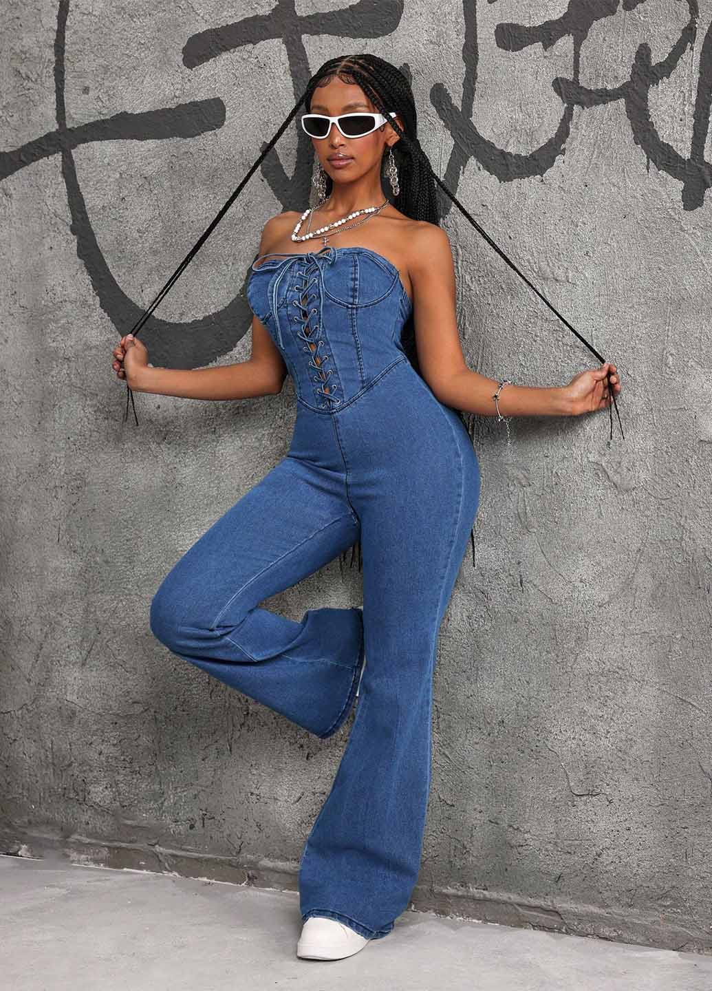 Комбінезон SHEIN комбінезон-брюки однотонний темно-синій джинсовий, кежуал бавовна