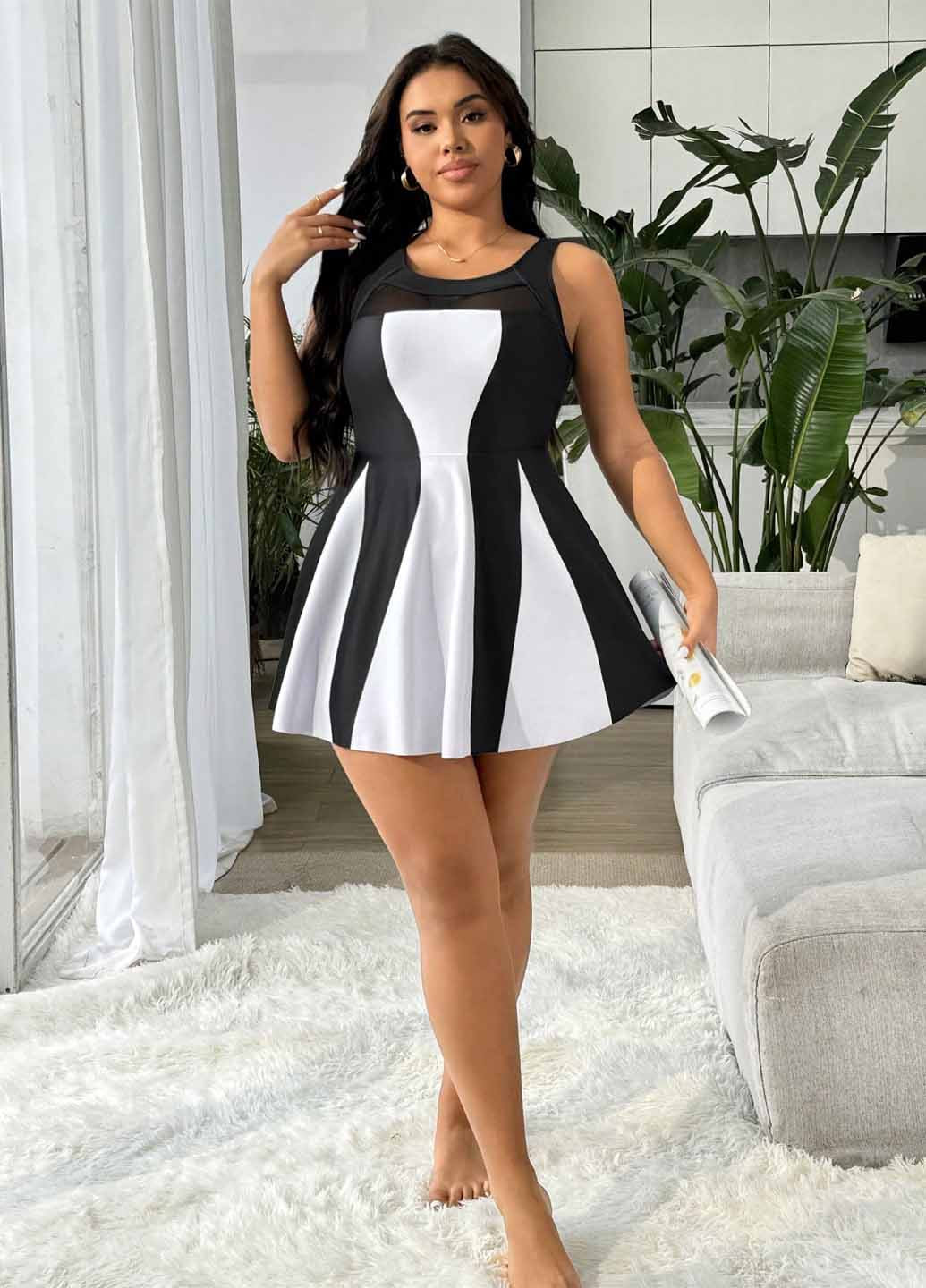 Чорно-білий літній купальник (сукня, трусики) купальник-сукня, танкіні, роздільний SHEIN