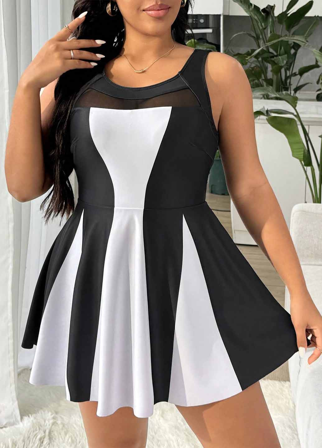 Чорно-білий літній купальник (сукня, трусики) купальник-сукня, танкіні, роздільний SHEIN