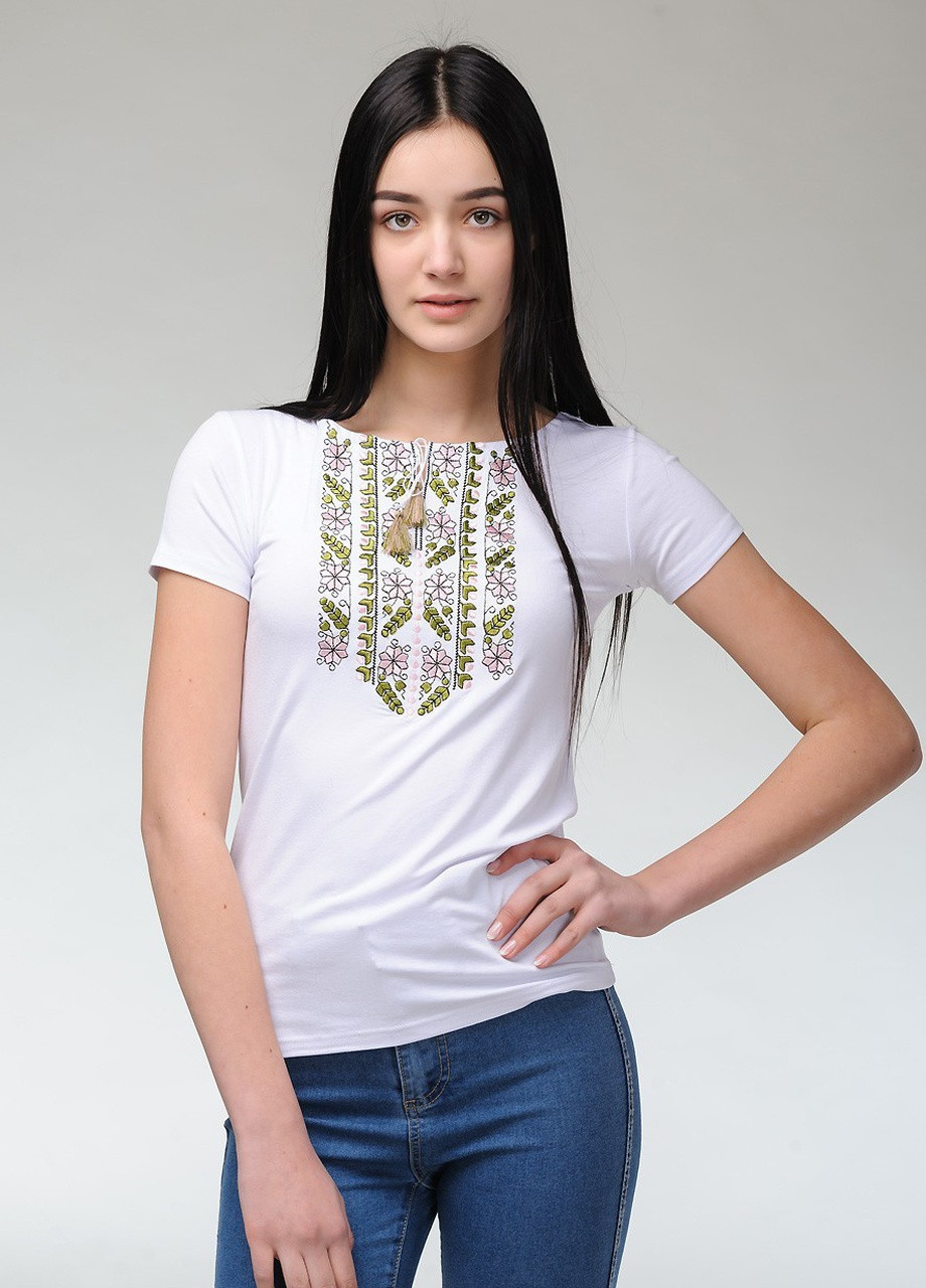 Женская вышитая футболка Естественная экспрессия белая с оливковым Melanika (250206210)