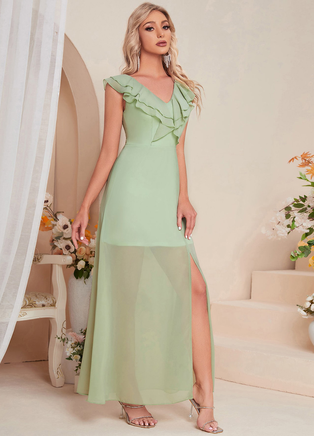 Світло-зелена святковий, кежуал сукня з відкритою спиною, а-силует SHEIN однотонна