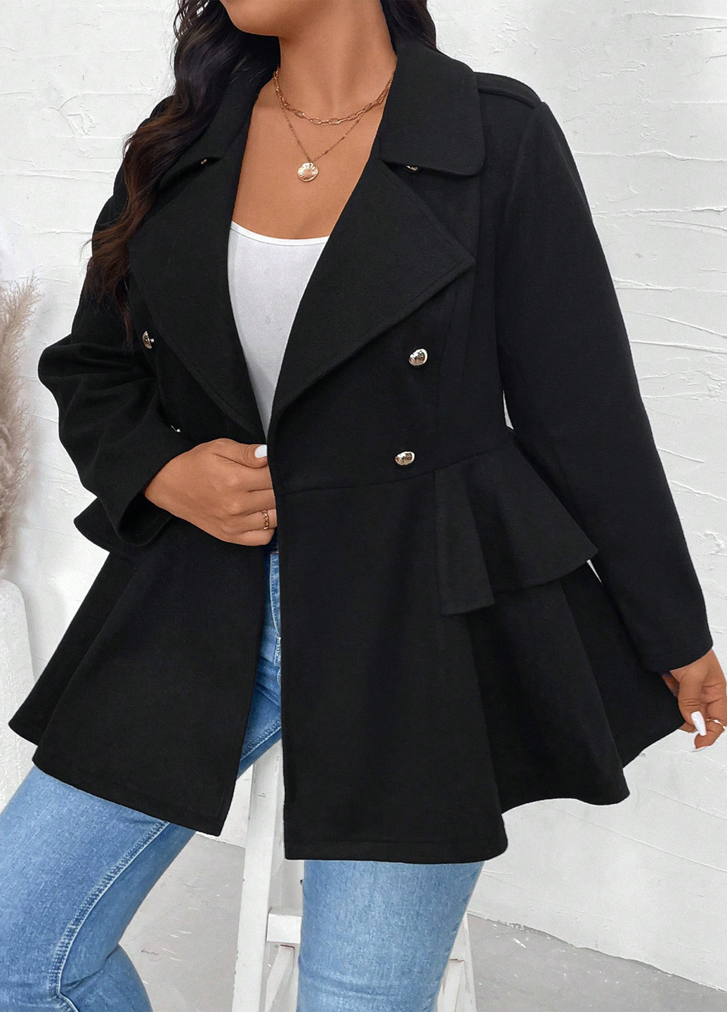 Черное демисезонное Пальто двубортное SHEIN