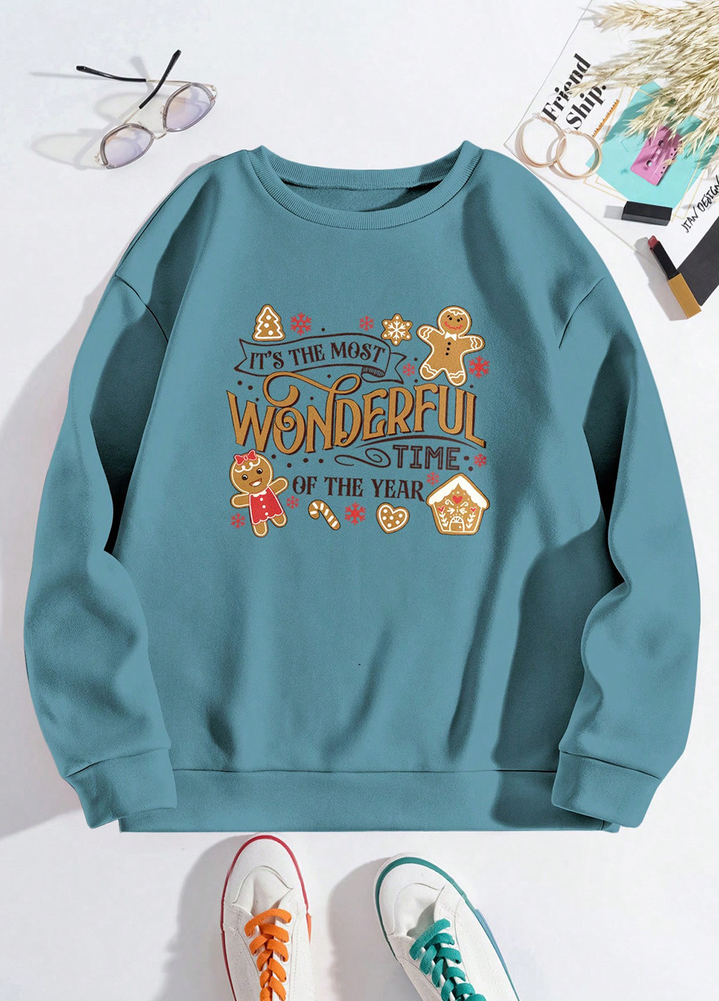 Бірюзовий світшот SHEIN новорічний без декору (334102178)