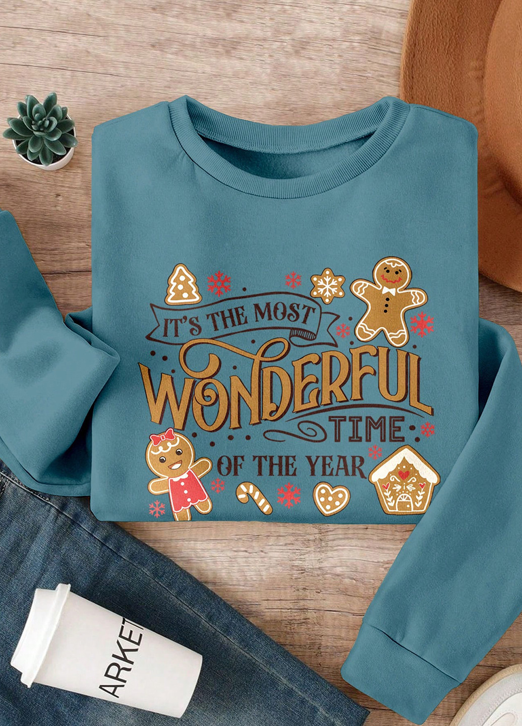 Бірюзовий світшот SHEIN новорічний без декору (334102178)