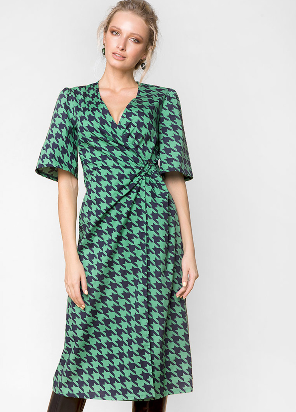 Зелена кежуал плаття, сукня на запах MR520 з візерунком "гусяча лапка"