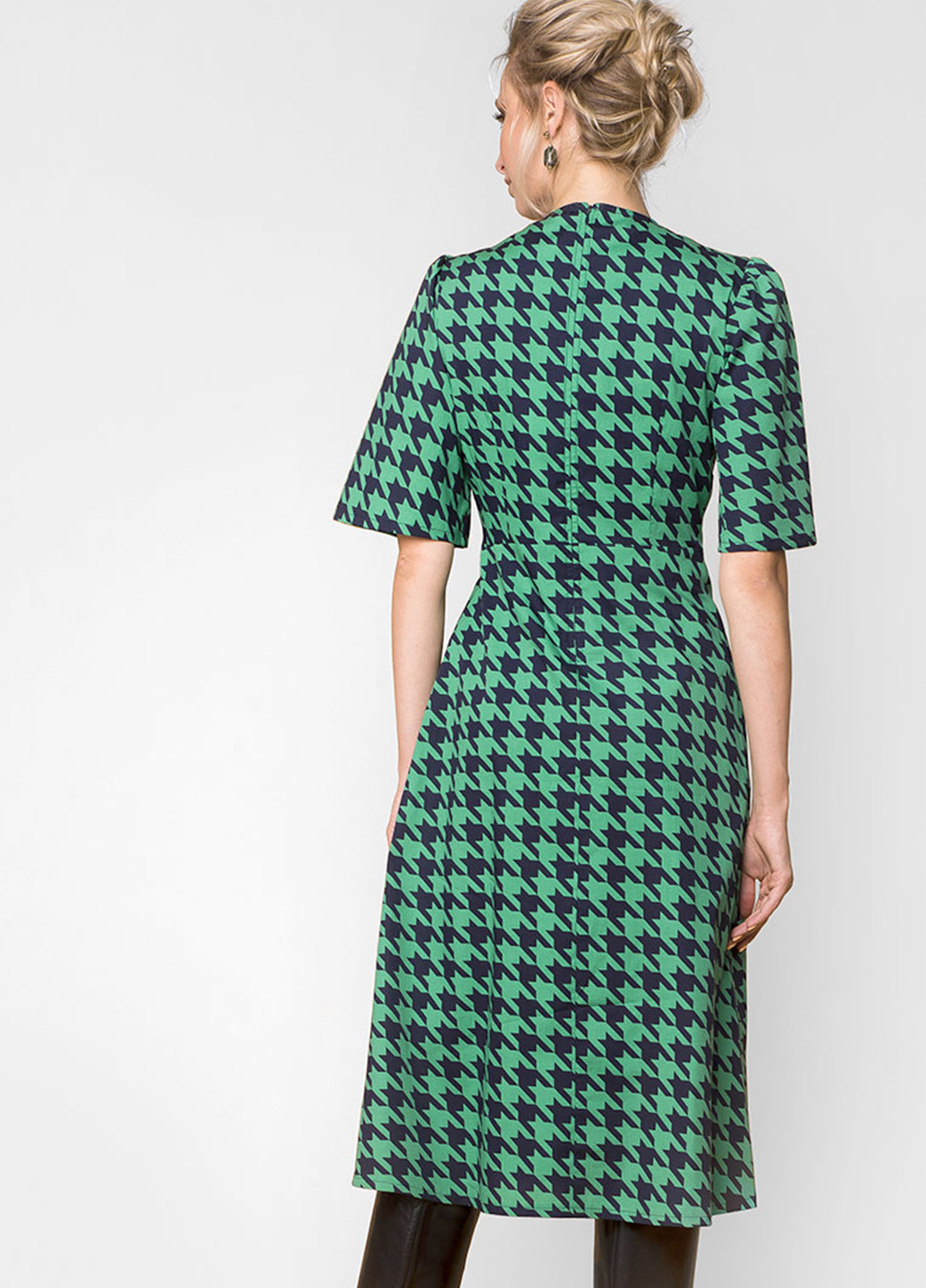 Зелена кежуал плаття, сукня на запах MR520 з візерунком "гусяча лапка"