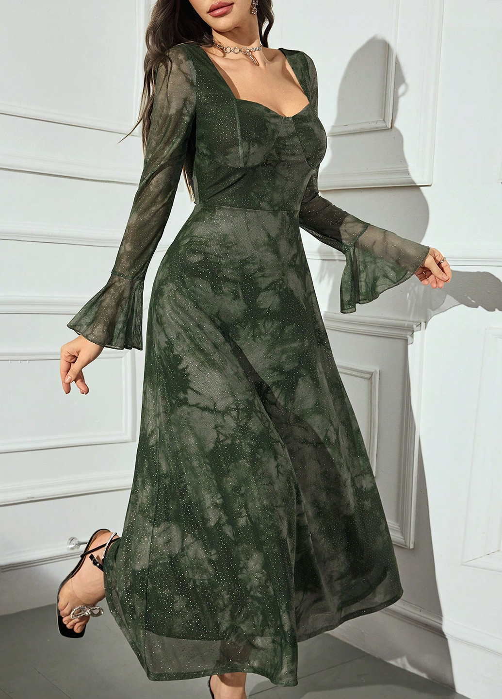 Темно-зелена вечірня сукня силуетна, кльош SHEIN тай-дай