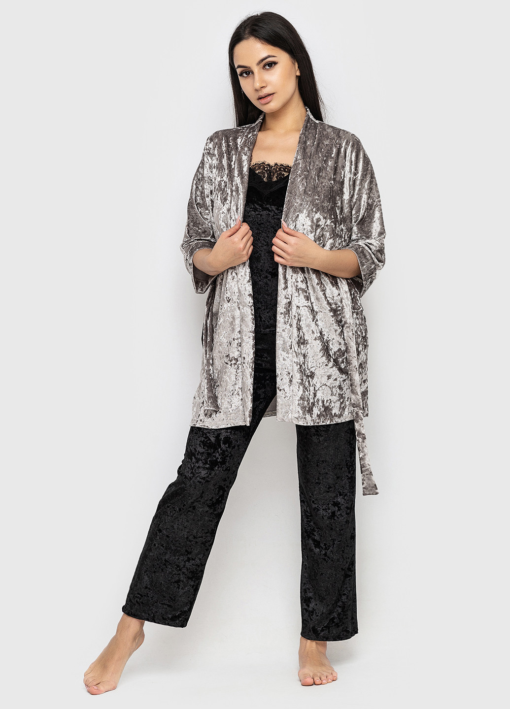 Серый демисезонный комплект (майка, брюки, халат) Ghazel