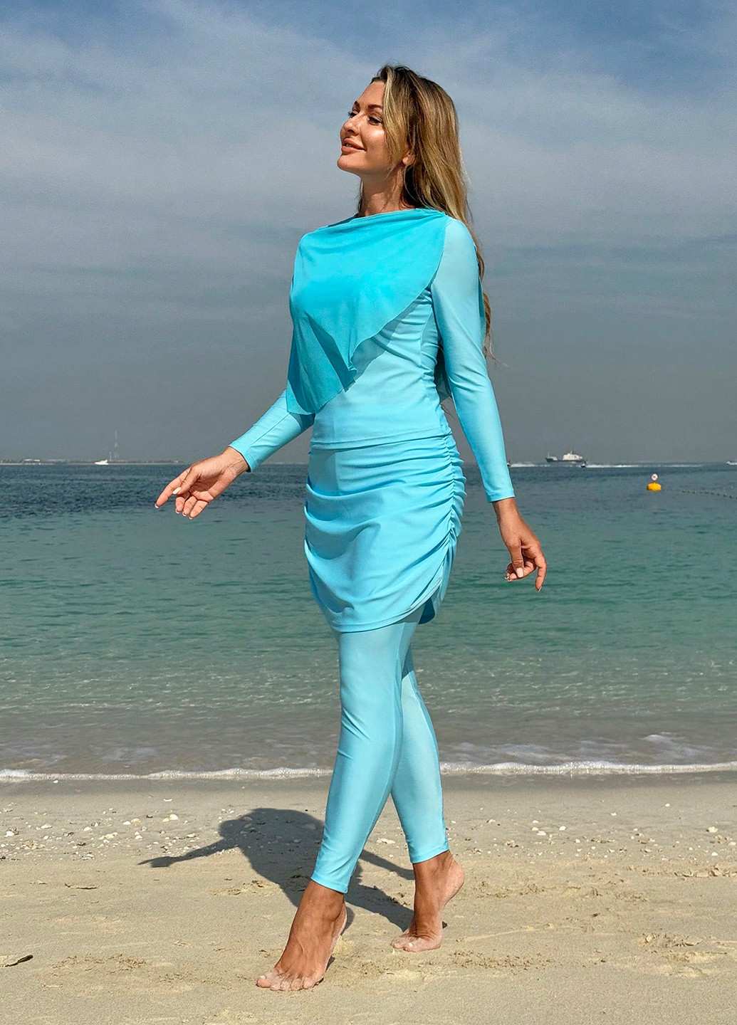 Светло-бирюзовый демисезонный комплект (купальник-буркини, юбка) буркини, раздельный SHEIN