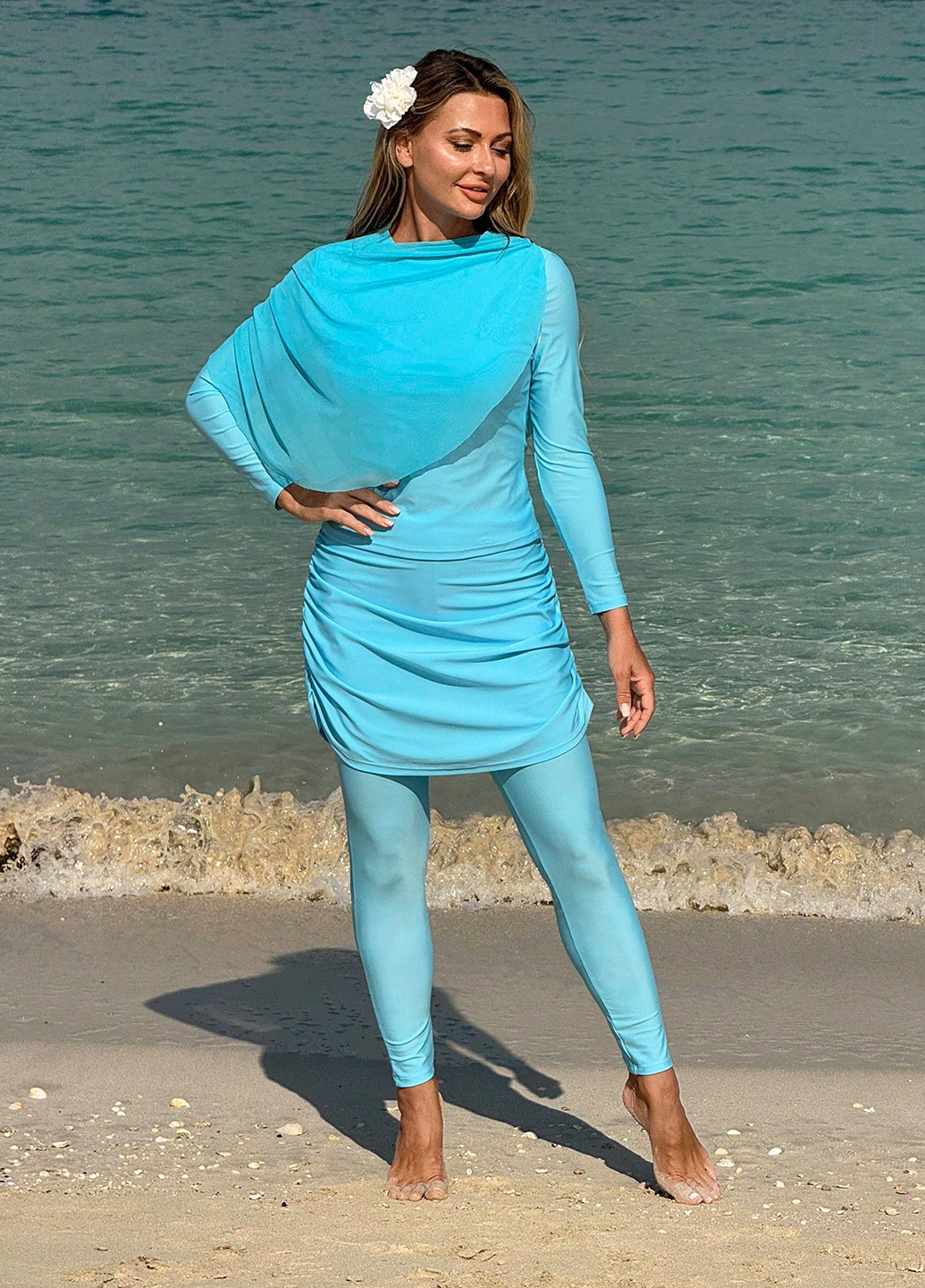 Светло-бирюзовый демисезонный комплект (купальник-буркини, юбка) буркини, раздельный SHEIN