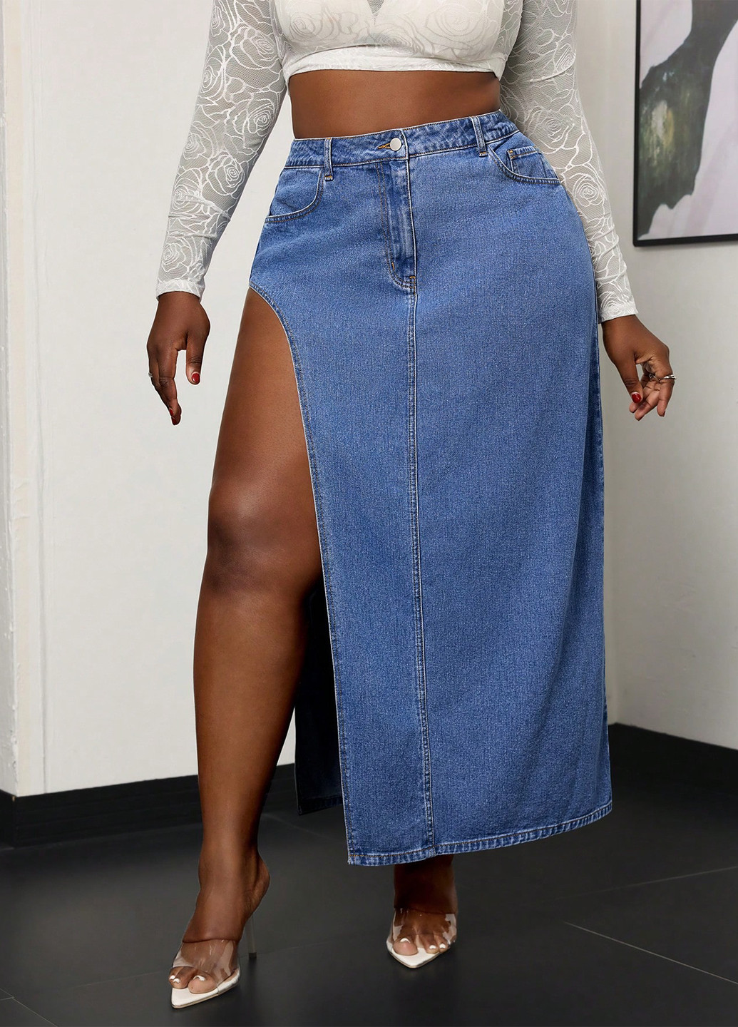 Темно-голубая джинсовая варенка юбка SHEIN