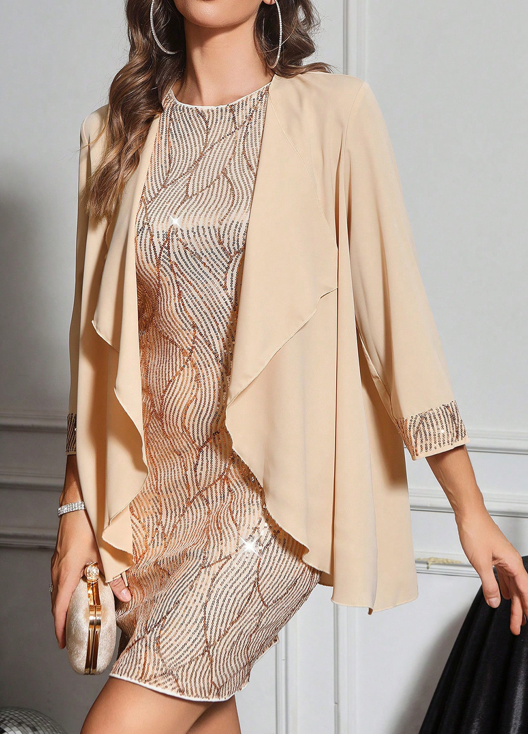 Кремовый демисезонный комплект (платье, кардиган) SHEIN