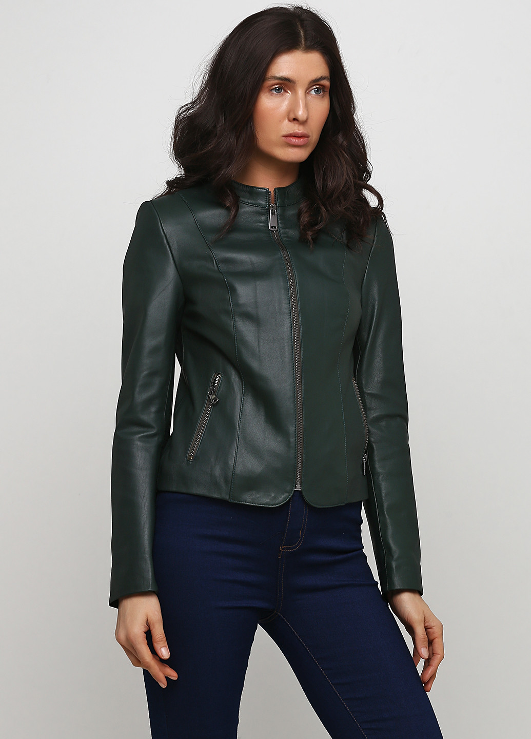 Темно-зеленая демисезонная куртка кожаная Leather Factory