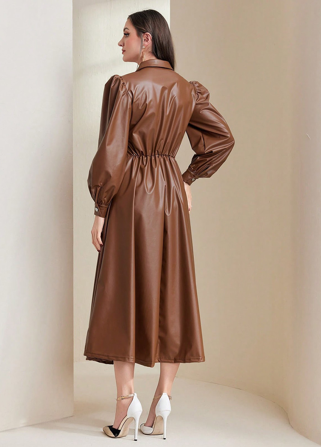 Коричневое кэжуал платье рубашка, клеш, с корсетом SHEIN однотонное