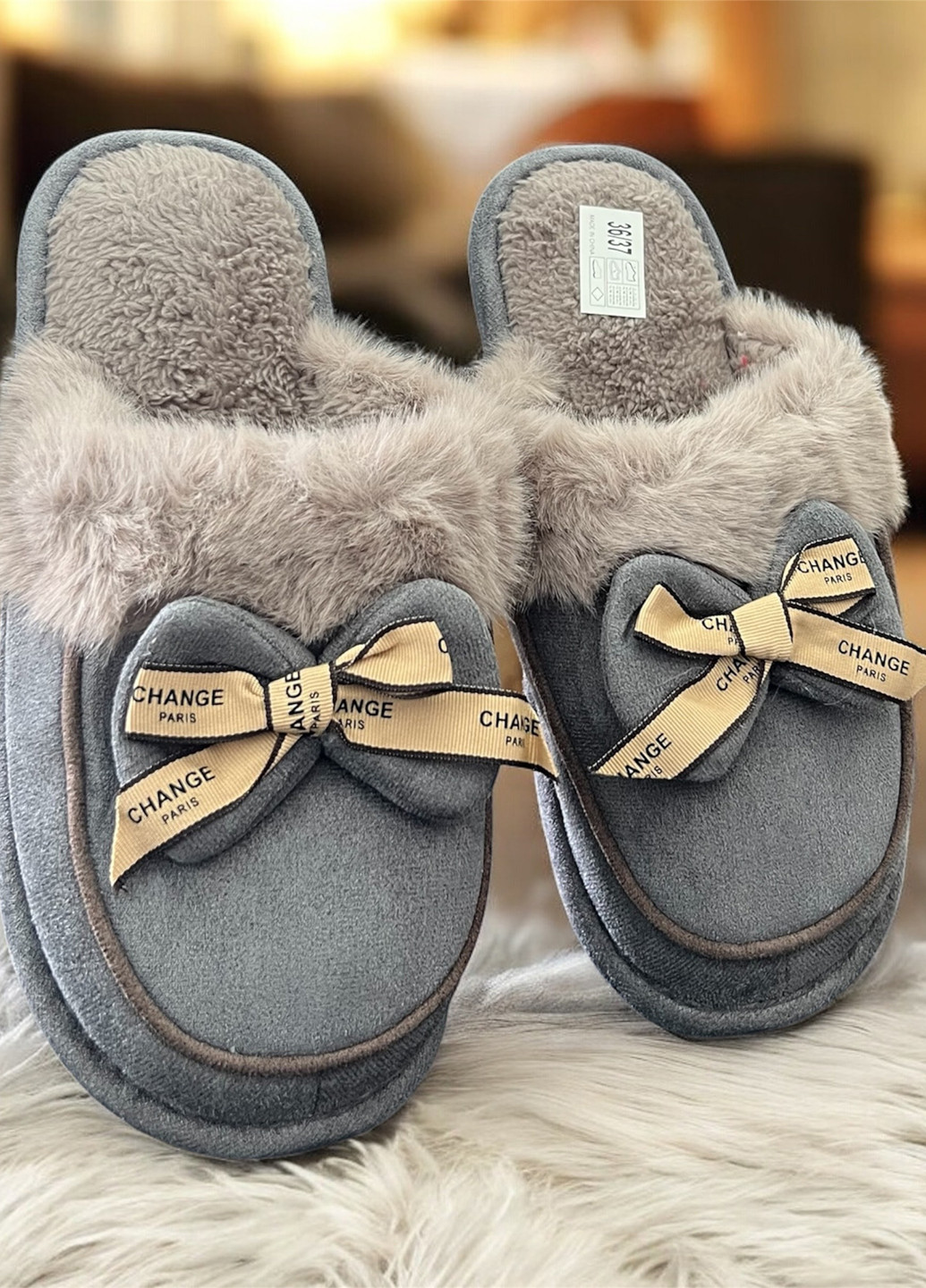 Серые тапочки Scarlett с мехом, с бантом