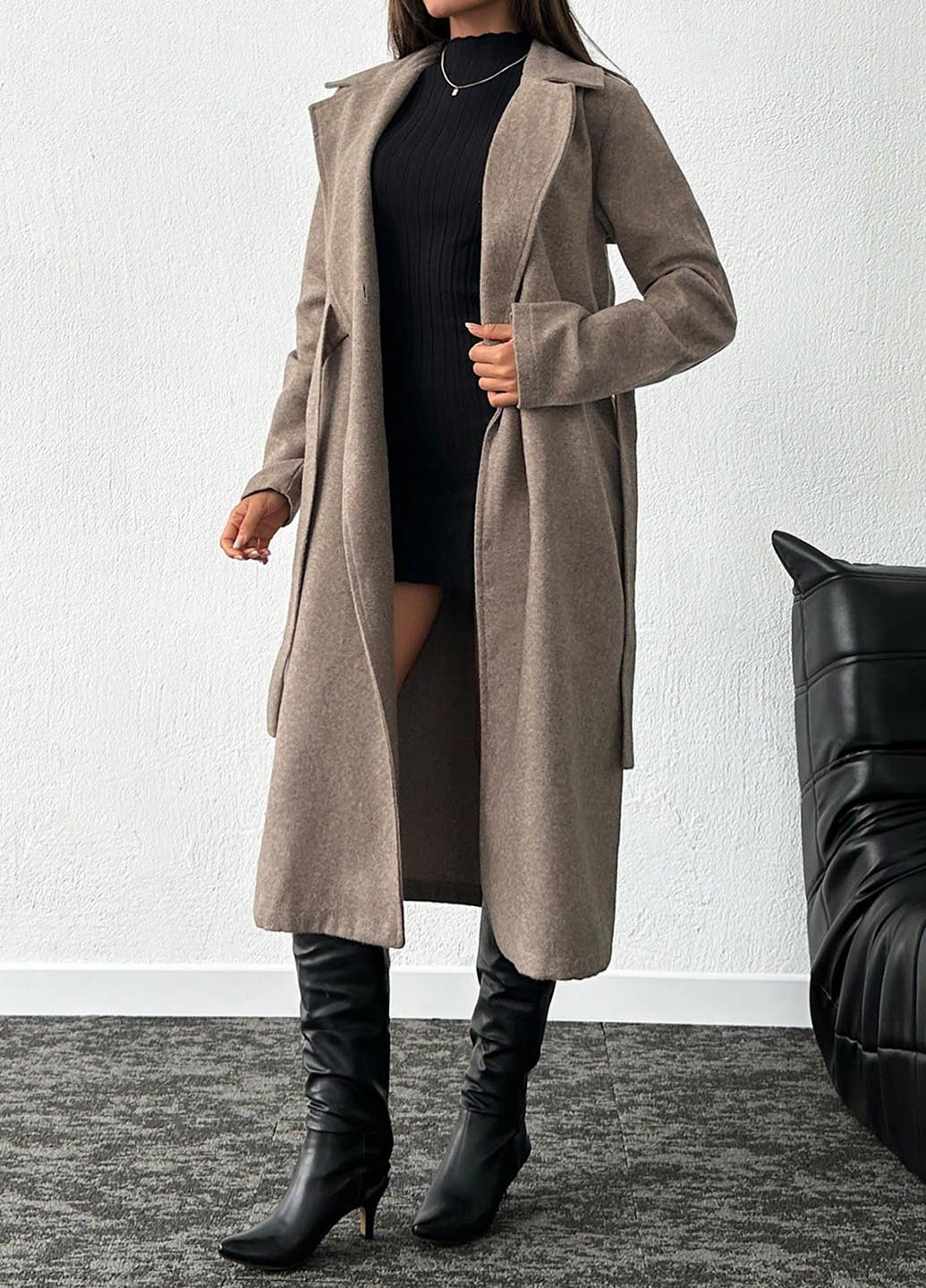Темно-бежевое демисезонное Пальто двубортное SHEIN