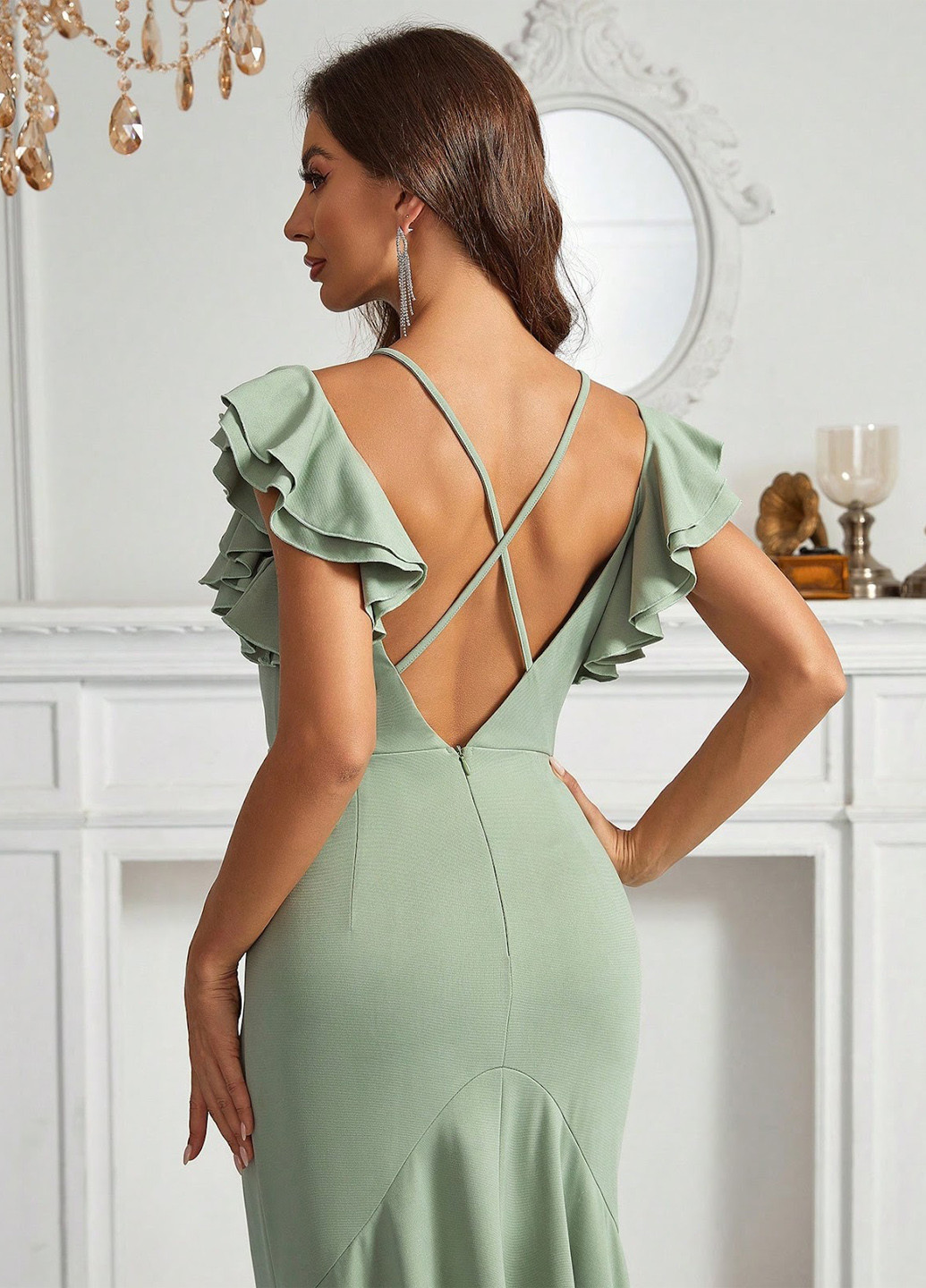 Светло-зеленое праздничный, вечернее платье с открытой спиной SHEIN однотонное