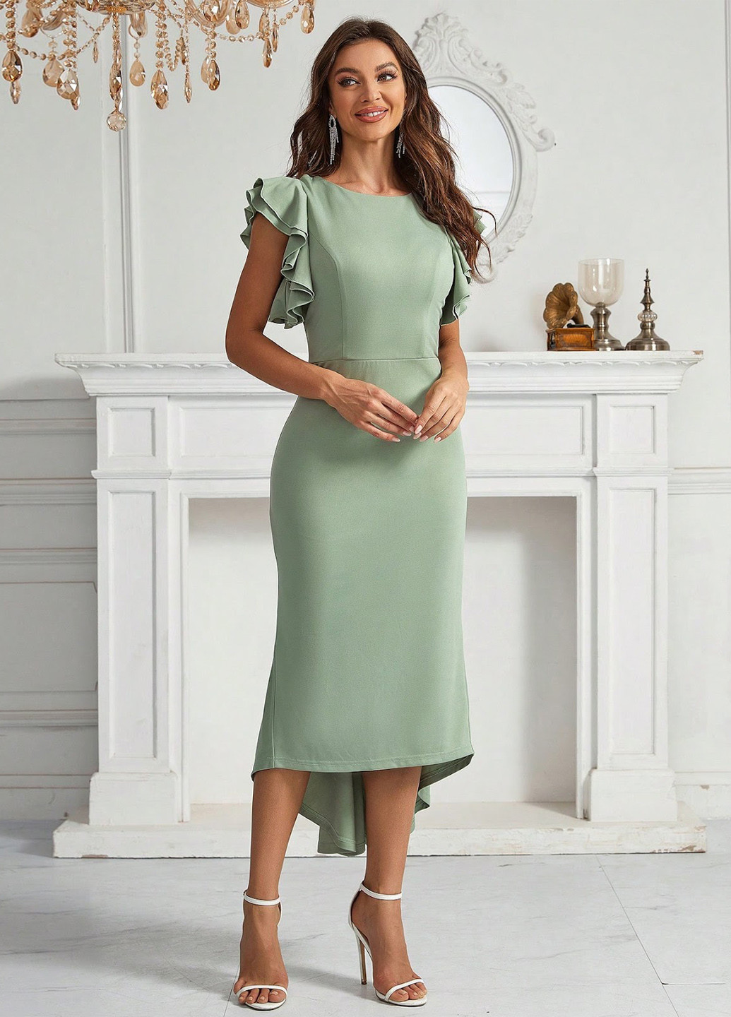 Светло-зеленое праздничный, вечернее платье с открытой спиной SHEIN однотонное