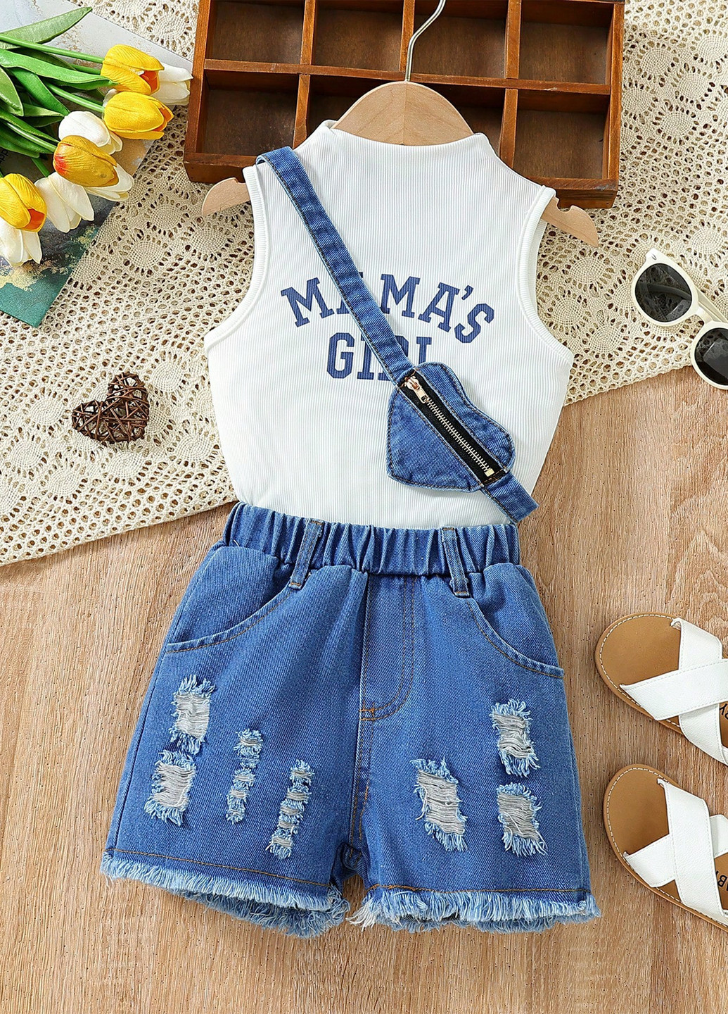 Белый летний комплект (майка, шорты, сумка) SHEIN