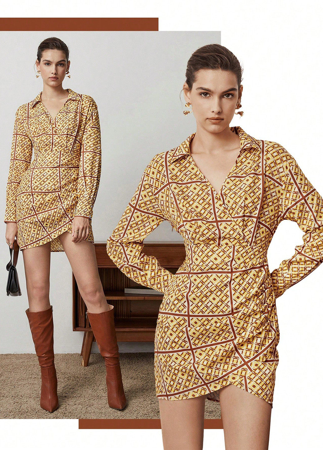 Горчичное кэжуал платье на запах, рубашка SHEIN с абстрактным узором