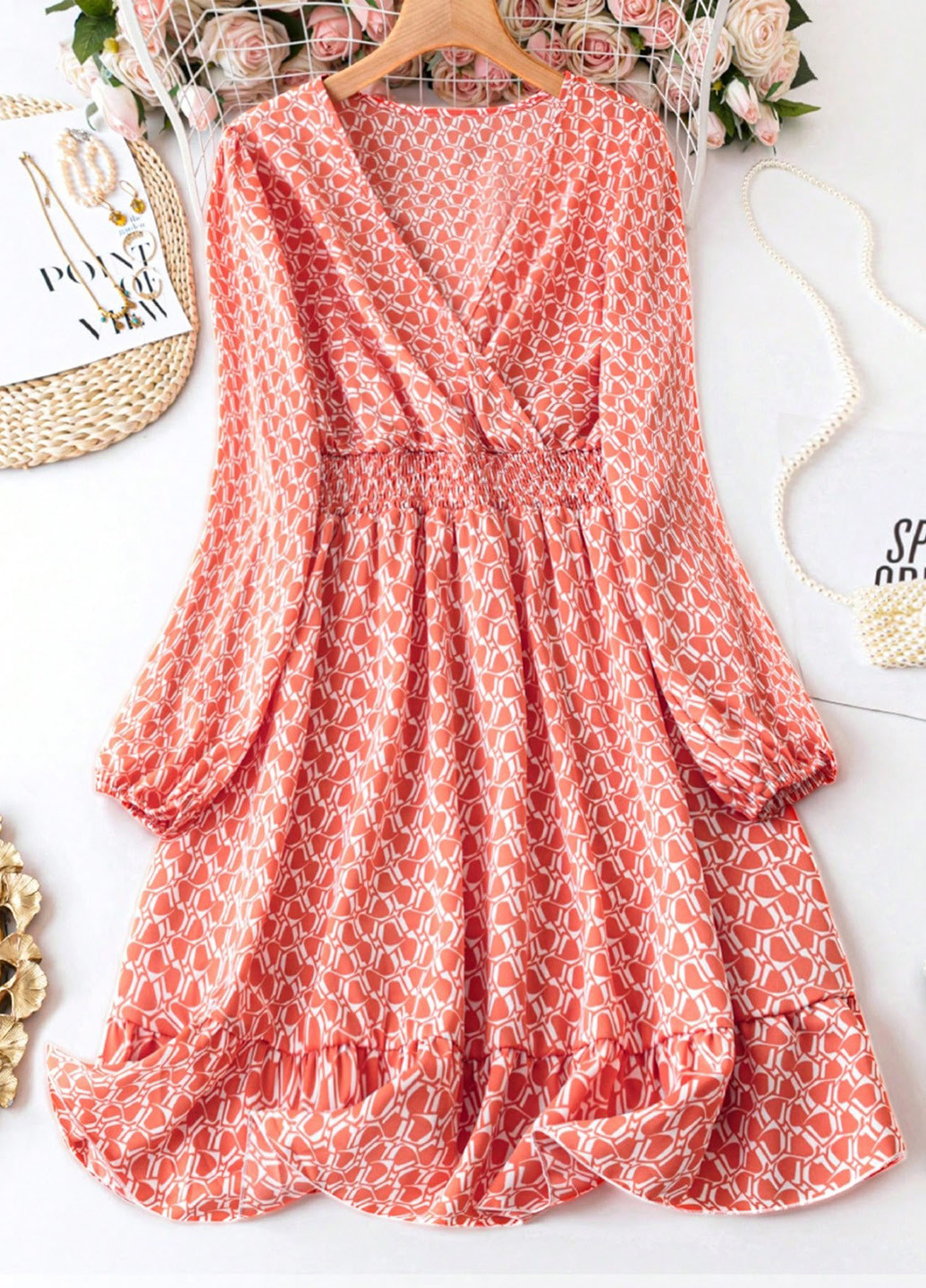 Оранжевое кэжуал платье а-силуэт SHEIN с геометрическим узором