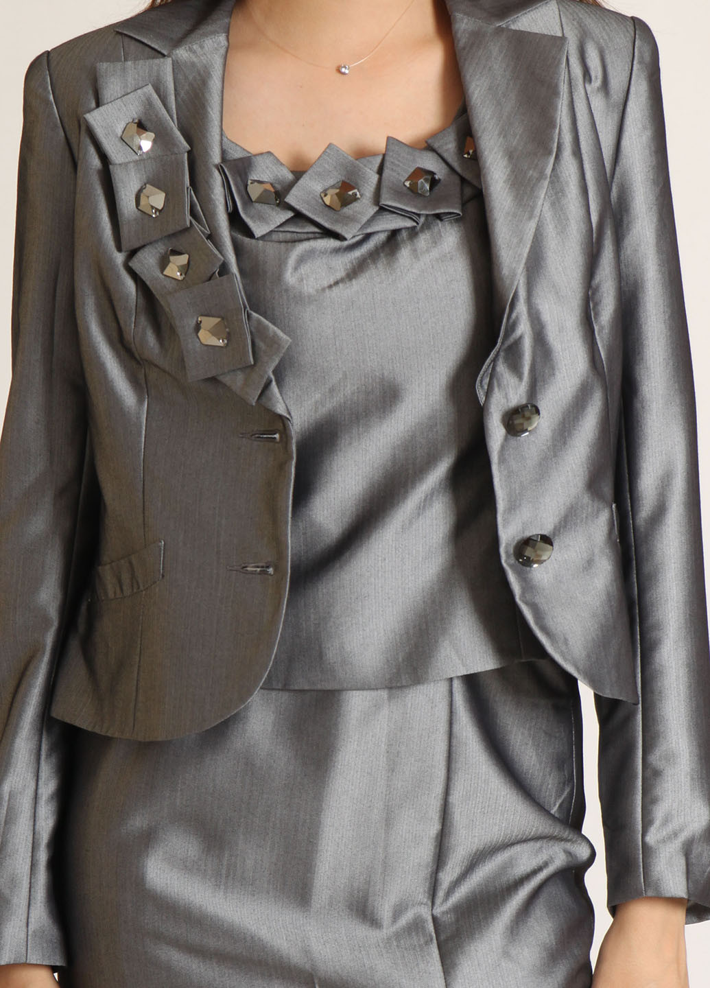 Костюм (блуза, жакет,юбка) Forest Sea юбочный однотонный серый кэжуал