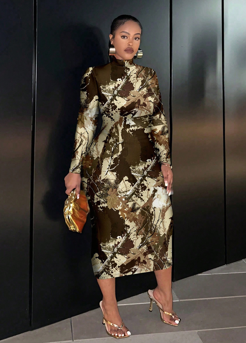 Коричневое праздничный, вечернее, кэжуал платье а-силуэт, платье-водолазка SHEIN с абстрактным узором