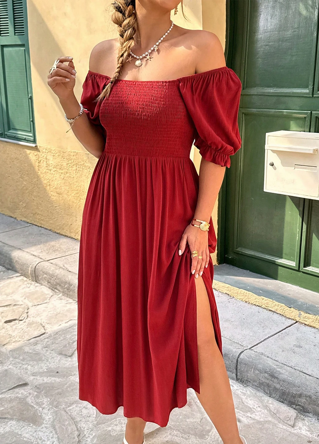 Красное кэжуал платье а-силуэт SHEIN однотонное