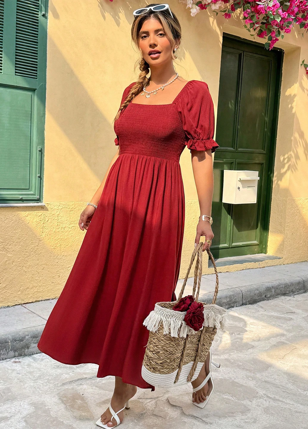 Красное кэжуал платье а-силуэт SHEIN однотонное