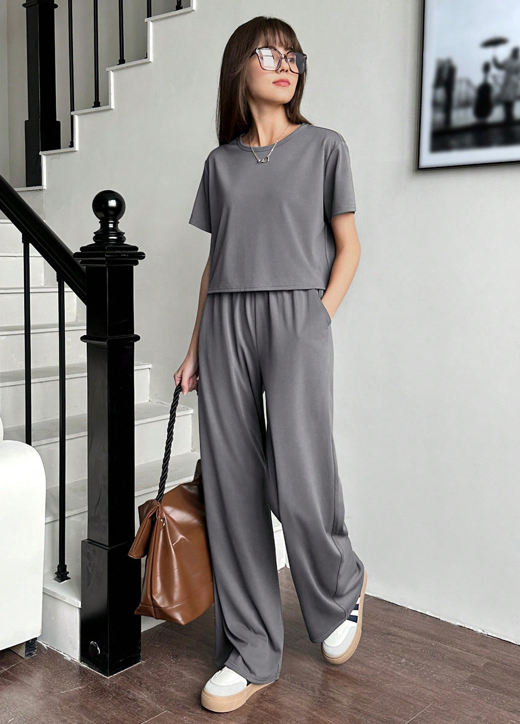 Сірий літній костюм (футболка, штани) SHEIN