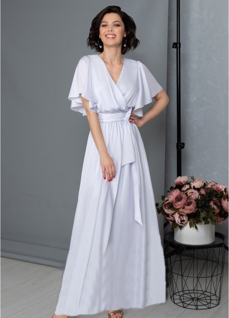 Білий вечірня плаття, сукня на запах, з спідницею-сонце, а-силует FashionYouWant однотонна