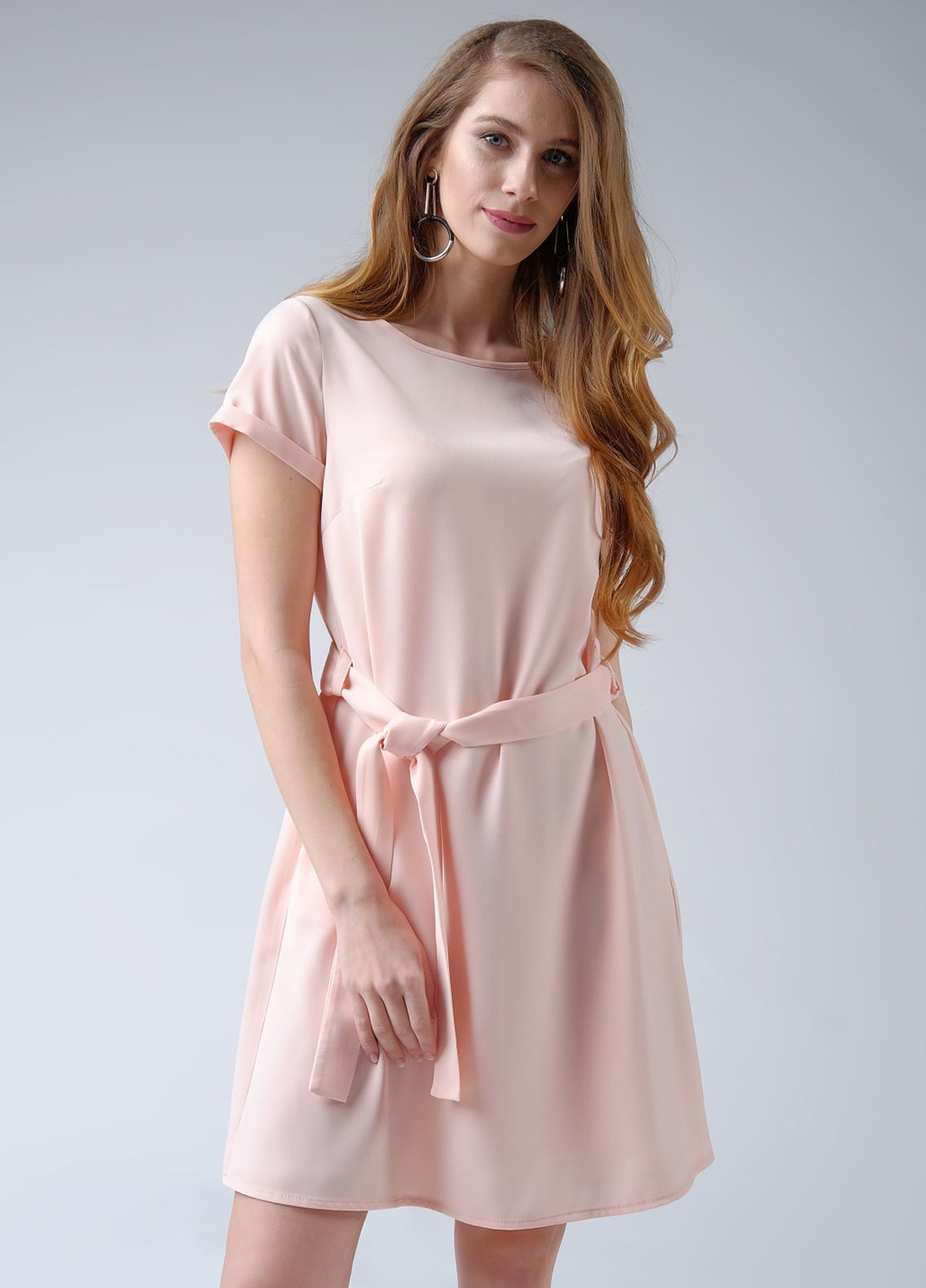 Персиковое кэжуал платье а-силуэт Pink однотонное