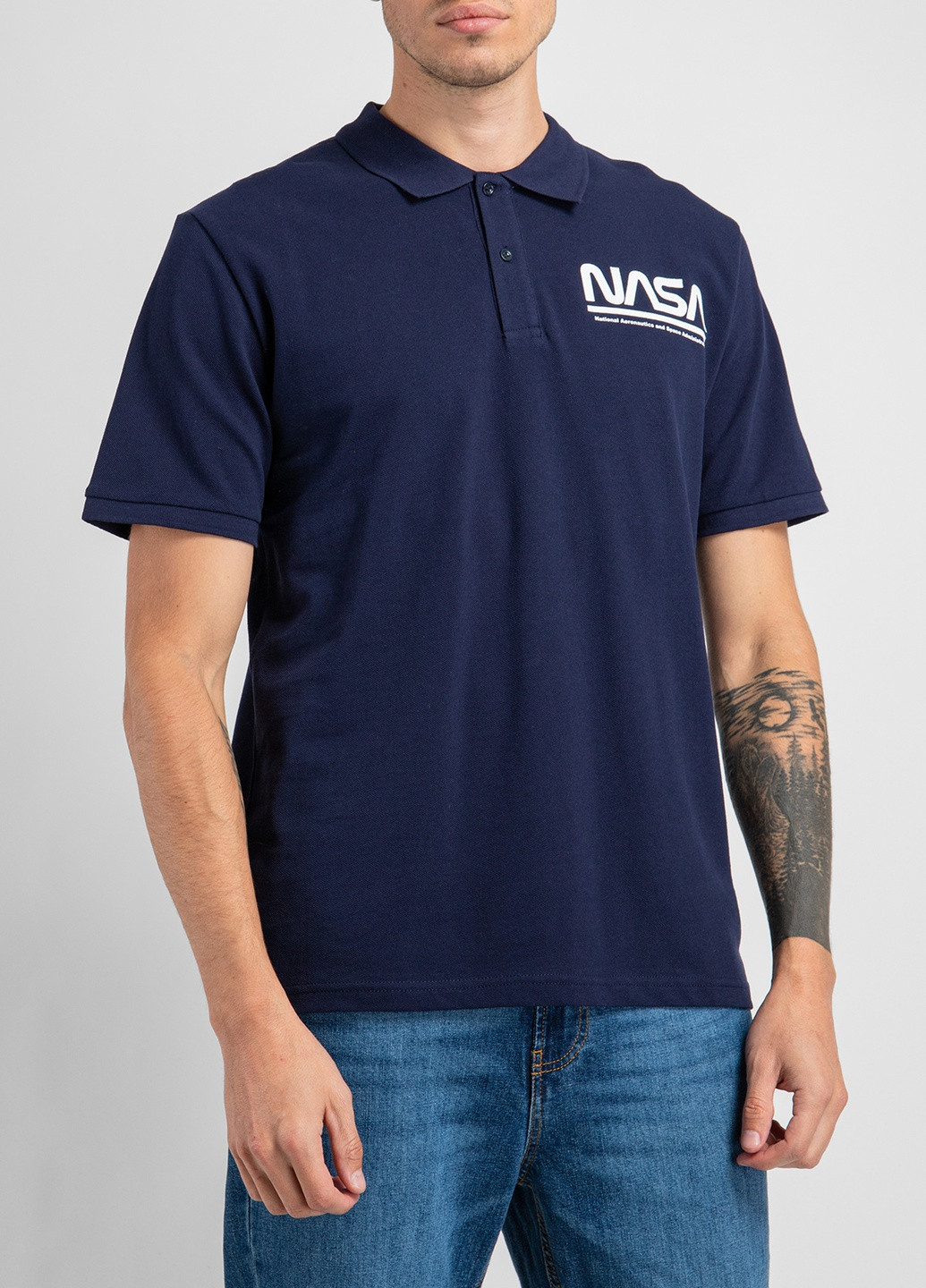 Темно-синяя черная футболка-поло с принтом Nasa