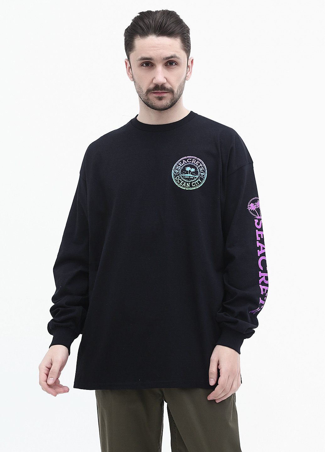 Черный демисезонный кэжуал лонгслив Blue 84 с рисунком