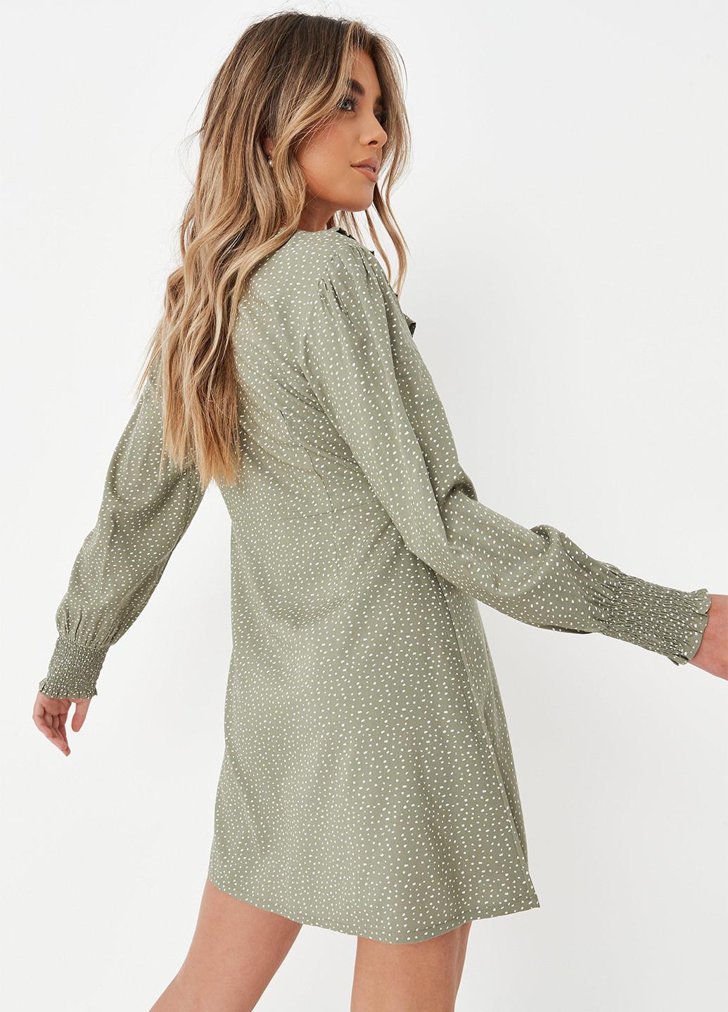Оливкова кежуал сукня кльош, на запах Missguided в горошок