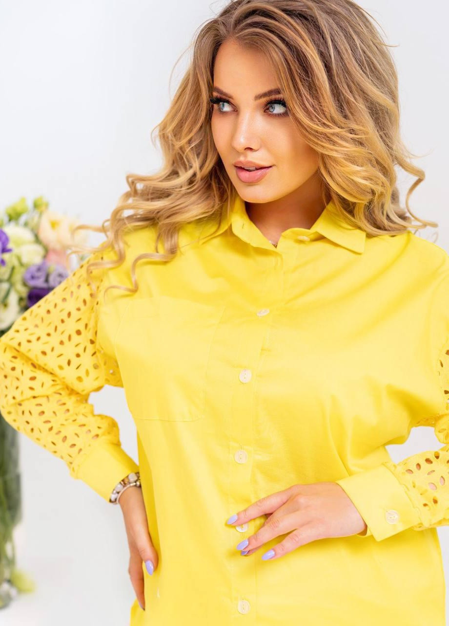 Желтая женская рубашка из коттона и прошвы желтого цвета 374012 New Trend