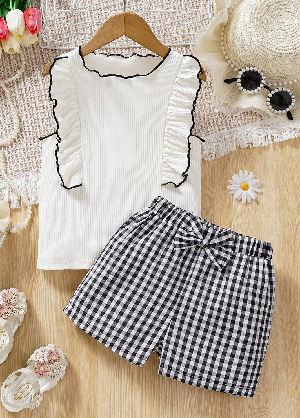 Черно-белый летний костюм (топ, шорты) SHEIN