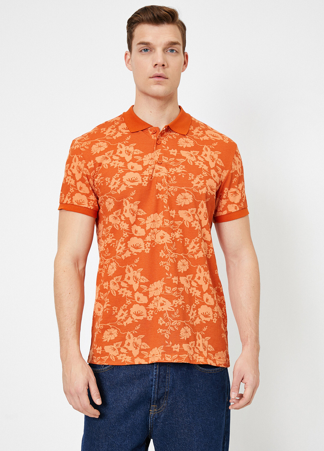 Оранжевая футболка-поло для мужчин KOTON с цветочным принтом